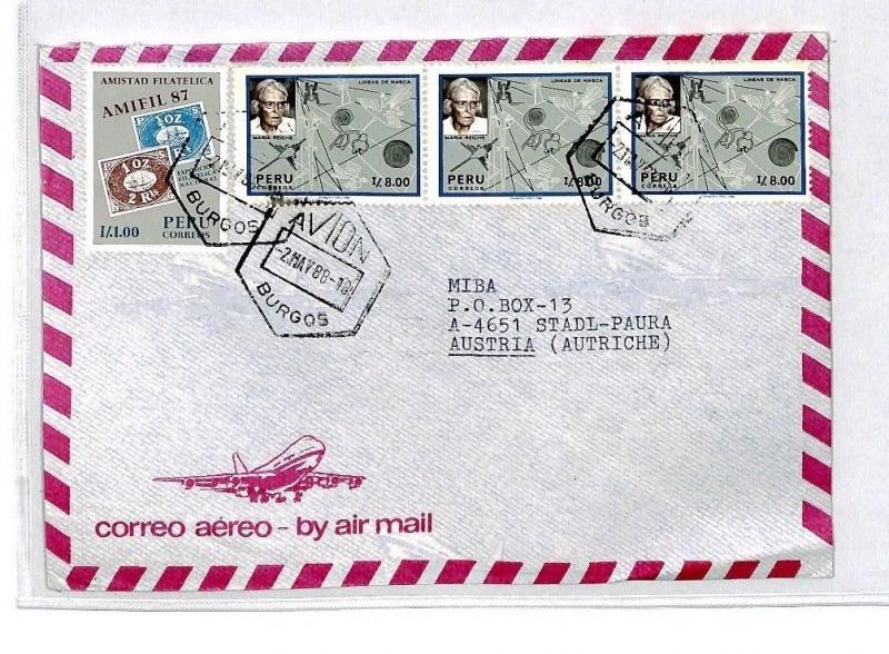 PERU Cover 1988 Missionary Air Mail MIVA Austria Via SPAIN*Burgos* MISSENT CM375