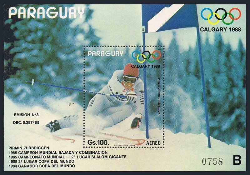 Paraguay C684,MNH.Michel 4116 Bl.441. Olympics Calgary-1988.Pirmin Zurbriggen.