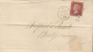 1 RED PENNY D J ON postal history Letter from Great Britain 1868 w/Local cancel 