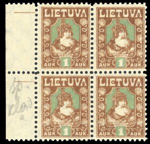 Lithuania #105var, 1921 1a brown and green, left margin block of four, lower ...