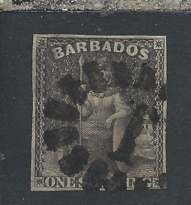 BARBADOS 1858 1s BLACK FU SG 12a CAT £75