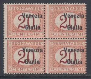 Italy 1918 - Venezia Giulia -Tax 3e block of 4  cv 1000$ MOVED ov. (3xMNH**1MH*)