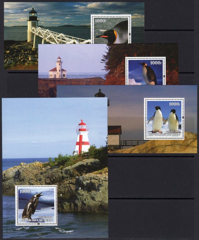 Benin 2004 PENGUINS - LIGHTHOUSES  4 Souvenir Sheets Perforated MNH