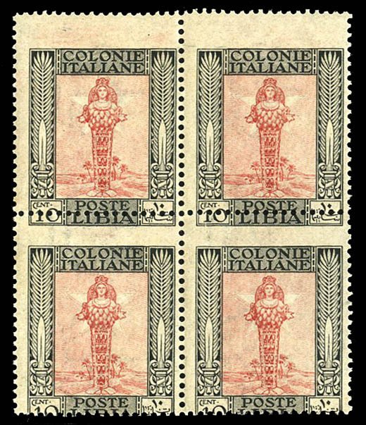 Italian Colonies, Libya #51var, 1924-40 10c black and red, block of four, dra...