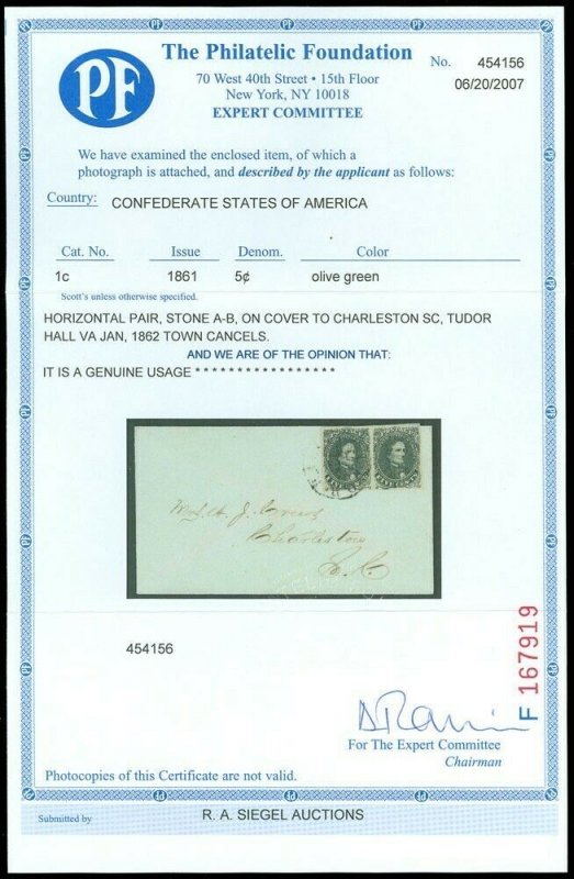 1862, CSA Confederate #1c (Olive Green) VF Pair on XF Cover, PF CERT DK-10-20-21