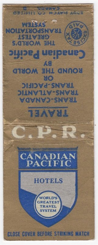 Canada Revenue 1/5¢ Excise Tax Matchbook CANADIAN PACIFIC HOTELS