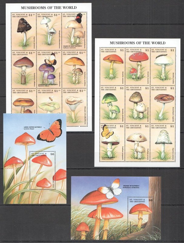 O0878 St. Vincent Mushrooms Of The World Flora Nature Butterflies 2Kb+2Bl Mnh