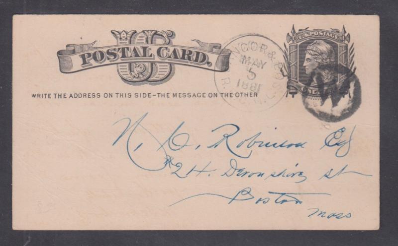 US Sc UX5 used. 1880 1c Postal Card, BANGOR & BOS plus W in Circle Railway Can