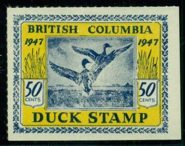 CANADA - BRITISH COLUMBIA 1947 50¢ DUCK STAMP, unused no gum, VF