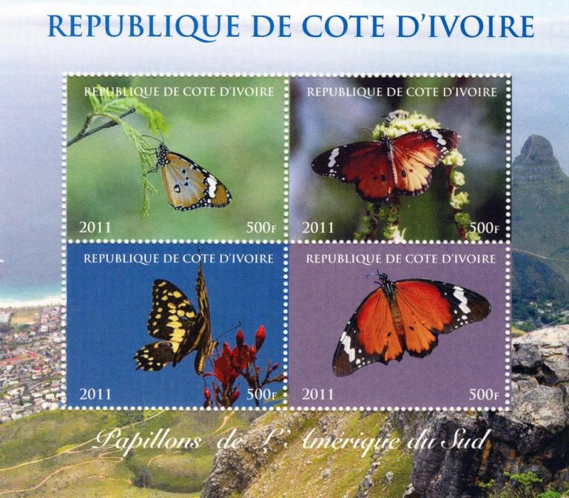 Ivory Coast 2011 Butterflies South AmericaShlt (4) Perf.MNH 