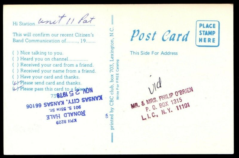 QSL QSO RADIO CARD "Fish-Bait,Miss Kitty,Gun Smoke Base,Ray/Pat Parks",  (Q3581) | Worldwide - Other, Stamp / HipStamp