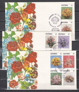 Colombia, Scott cat. 900 a-j. Flower Bouquets with Orchids. 3 First day covers.