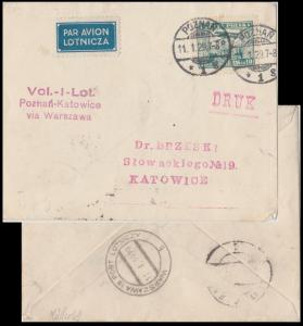 POLOGNE / POLAND 1929 (Jan 11) SCARCE 1st Air Mail Flight Cover POZNAN-KATOWICE