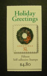 BK270, Scott 3248a,b,c, 32c Holiday Wreaths, #B111111, complete booklet, MNH