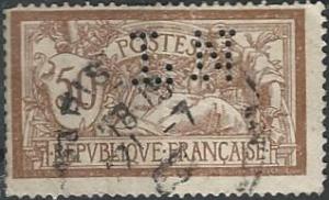 France 123 (used, “LN” perfin, creased) 50c liberty & peace (1900)