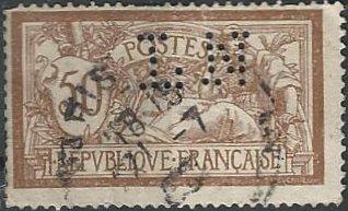 France 123 (used, “LN” perfin, creased) 50c liberty & peace (1900)