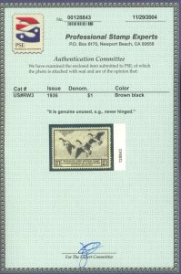 U.S. #RW3 MINT WITH PSE CERT OG NH