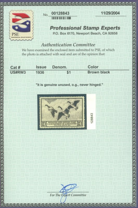 U.S. #RW3 MINT WITH PSE CERT OG NH