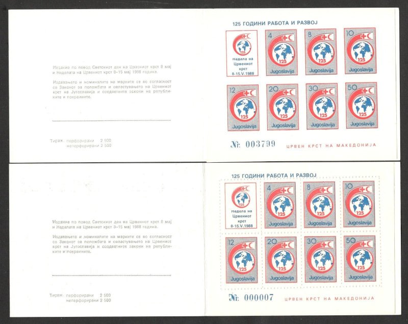 MACEDONIA-YUGOSLAVIA-2 MNH BOOKLET'S, PERFOR.+IMPERFO.-125 YEARS RED CROSS-1988.