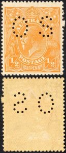 Australia SGO66 1/2d Orange 2nd Wmk Perfin OS M/M Broken Perf Pin