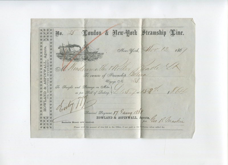 Hussey's Post '2 CT. PAID'  CCL on London & NY Steamship Line Invoice (LV 1591)