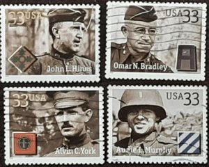 US Scott # 3393-3396; four used 33c Distinguished soldiers, 2000; VF; off paper