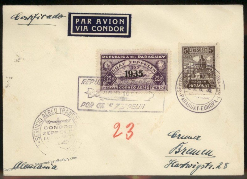 Paraguay 1935 Graf Zeppelin 7.SAF Si310 Germany Cover 98884