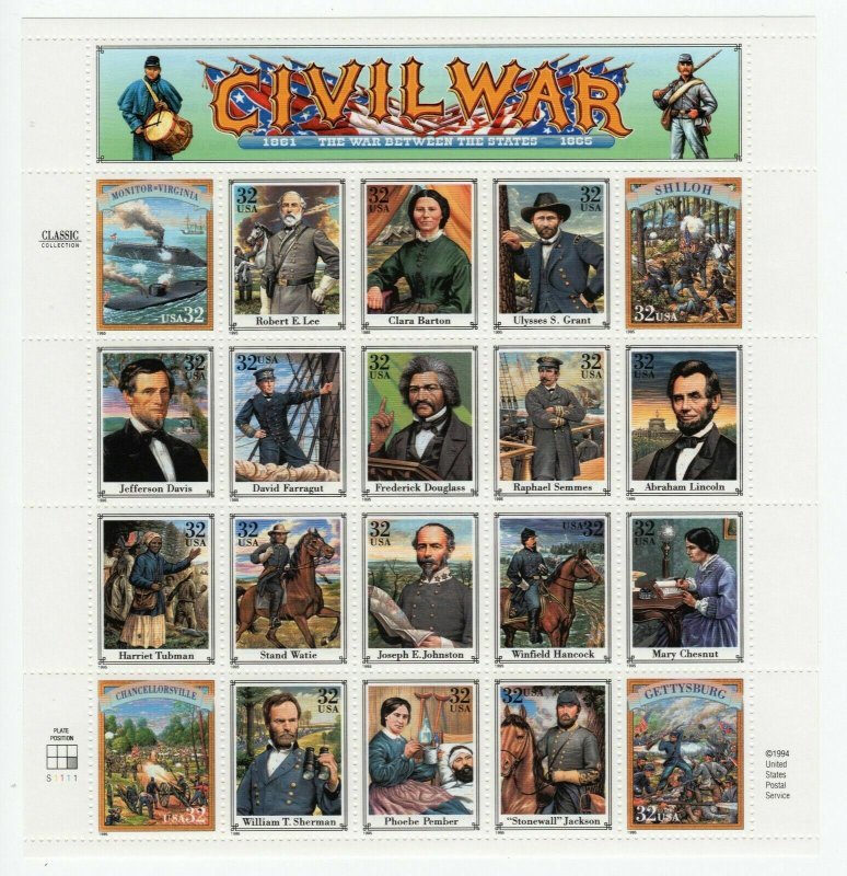 U S SCOTT #2975 SOUVENIR SHEET CIVIL WAR 32 CENT MNH