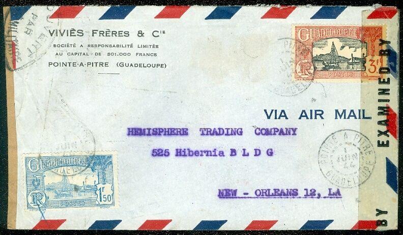 GUADELOUPE : 1944 Censored Air Mail cover to USA.