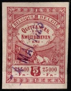 1920 Belgium Revenue 5 Francs Quittances Tax on Receipts Used