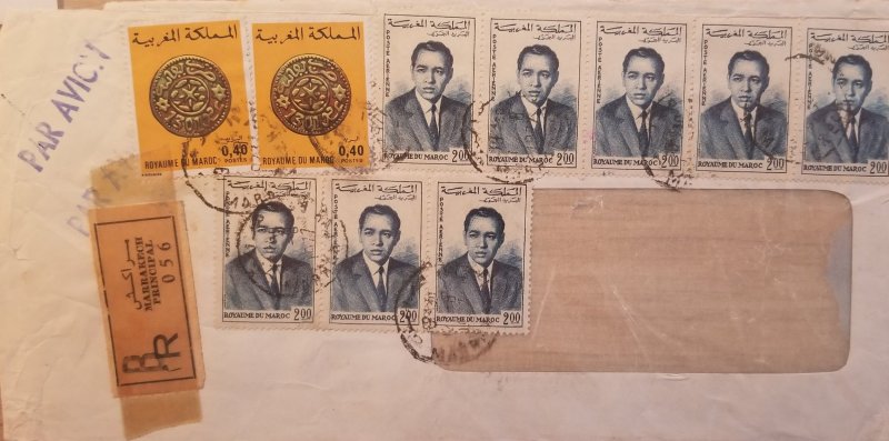 J) 1965 MOROCCO, CONIS, REGISTERED, ILLUSTRATED PEOPLE, MULTIPLE STAMPS, AIRMAIL