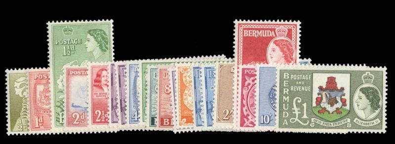 Bermuda #143-162 Cat$110.04, 1953-58 QEII, complete set, £1 never hinged, ba...