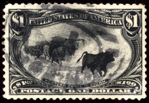 US 292 $1 Trans-Mississippi 1898 Western Cattle in Storm PSAG grade 80 used