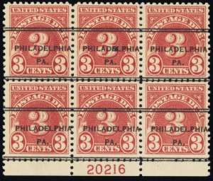 J72, Used 3¢ Pre Cancel Plate Block of Six SCV ($300) * Stuart Katz