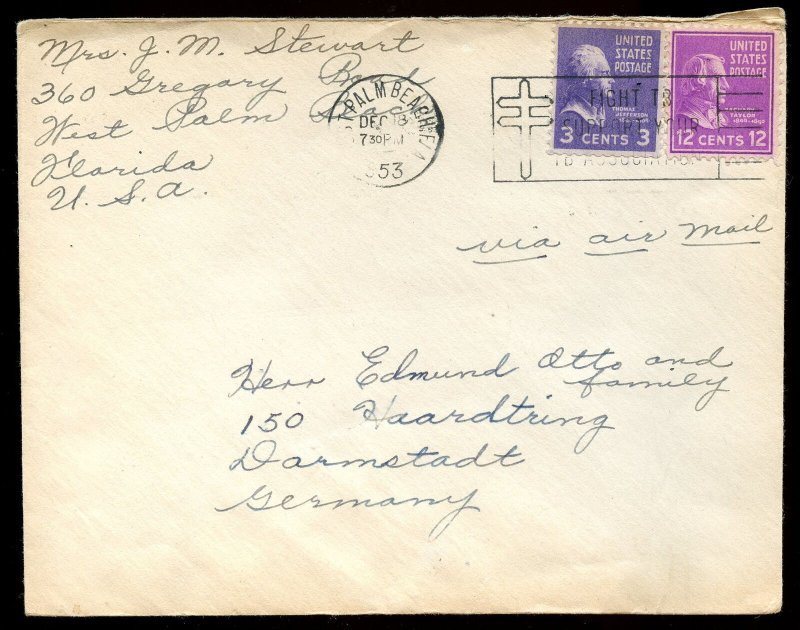 U.S. Scott 817 and 807 Prexies on Air Mail Cover to Germany