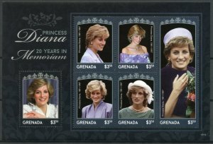 Grenada 2017 MNH Princess Diana 20th Memorial Anniv 6v M/S II Royalty Stamps