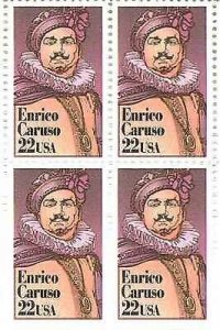 1987 Enrico Caruso Block of 4 22c Postage Stamps, Sc#2250, MNH, OG