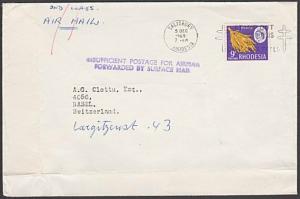 RHODESIA 1969 cover to Switzerland : INSUFFICIENT POSTAGE FOR AIRMAIL......54314