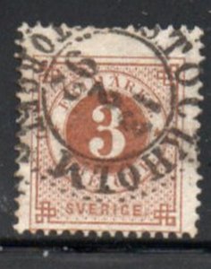 Sweden Sc 41 1887 3 ore yellow  brown stamp stamp used posthorn on back