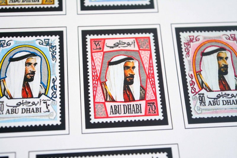 COLOR PRINTED ABU DHABI 1964-1972 STAMP ALBUM PAGES (9 illustrated pages)