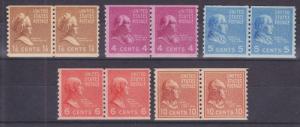 US Sc 840/847 MNH. 1939 Prexie Coil Pairs, 5 different, F-VF