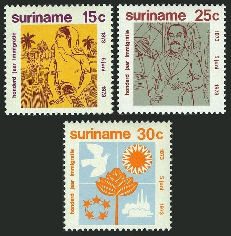 Surinam 402-404,MNH.Michel 651-653. 1st immigrants from India,100.1973.Ship,Map,