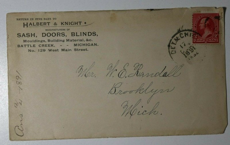 US Sc#220 Used On Cover 1891 DET & CHIC RPO Brooklyn MI Rec'd Halbert & Knight