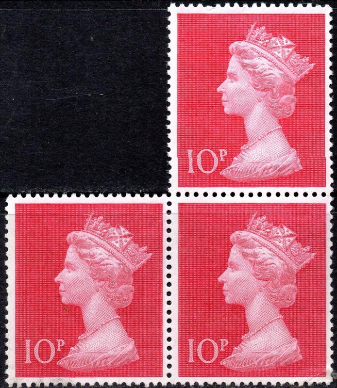 1970 SG 829 Machin 10p cerise Unmounted Mint Block of 3