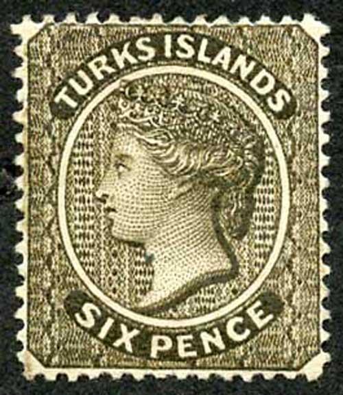 TURKS ISLANDS SG51 6d olive-black Wmk Crown CC (s/ways) M/Mint (hinge remainder)