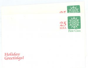 US U613 1988 Holiday Greetings, 25c Snowflake envelope.  5x7 1/2 inch (2) 25c first class envelope issued by the Postal Service