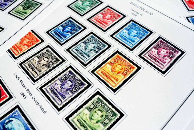 COLOR PRINTED BASUTOLAND 1933-1965 STAMP ALBUM PAGES (10 illustrated pages)