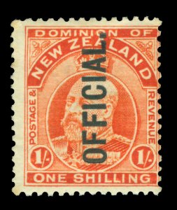 NEW ZEALAND 1909 OFFICIALS - KEVII 1sh vermilion  Scott # O37 mint MH