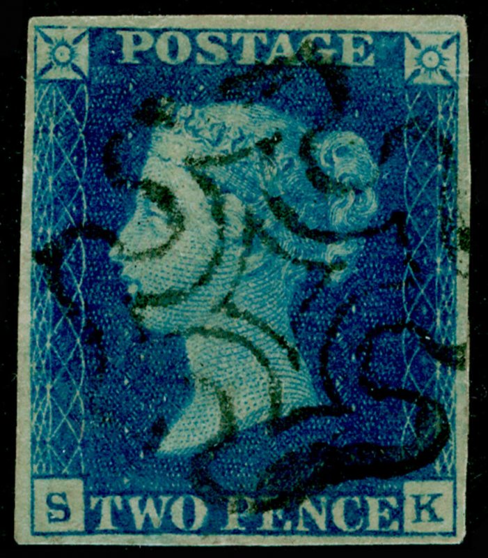 SG5, 2d blue, FINE USED. Cat £975. BLACK SCOTTISH MX. 4 MARGINS. SK