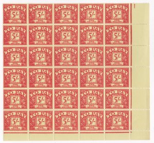 Sg D66wi s/ways 5/- Postage due Right lower corner block of 30 UNMOUNTED MINT